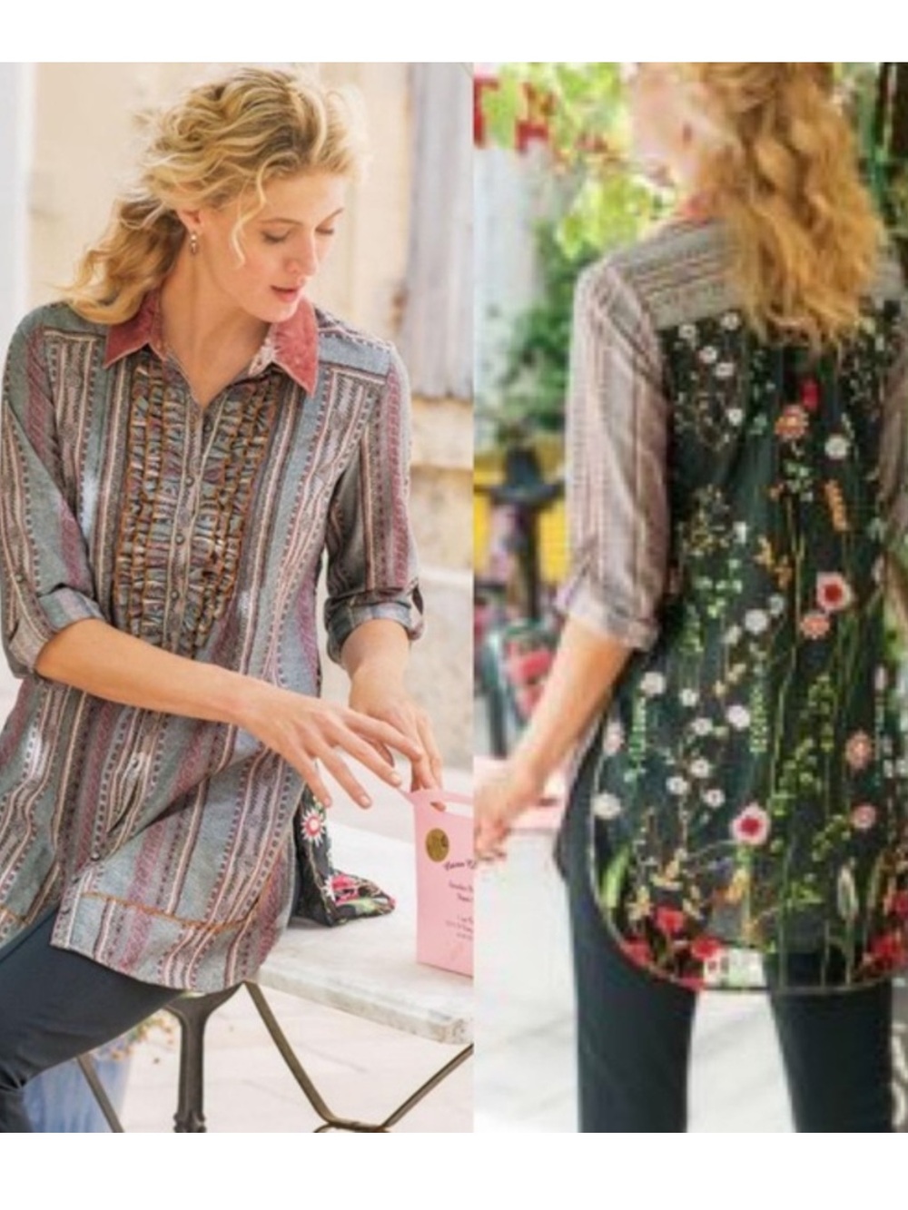 Soft Surroundings Elena  Floral Embroidered Floral Tunic Roll Tab Sleeve Top XL